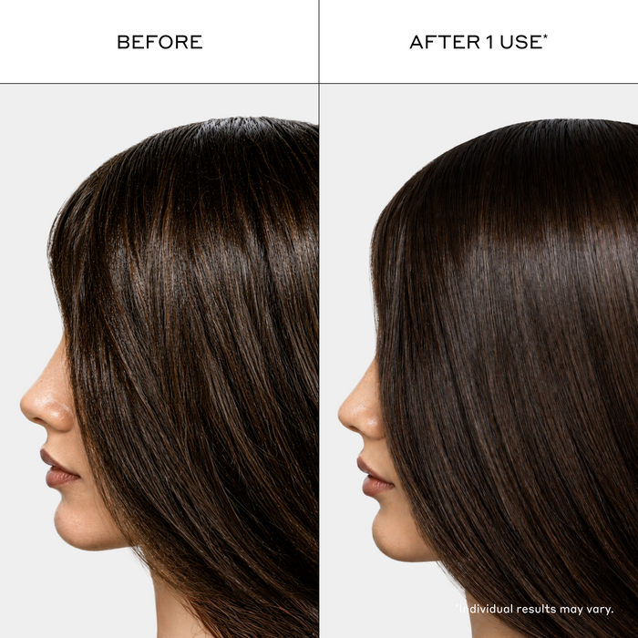 Zenagen RE:ZEN Dry Shampoo before and after comparison image showing a side profile of a woman's dark brown hair, demonstrating a transition from oily, piecey strands at the roots to a refreshed, clean look with restored volume and a smooth finish after a single use.