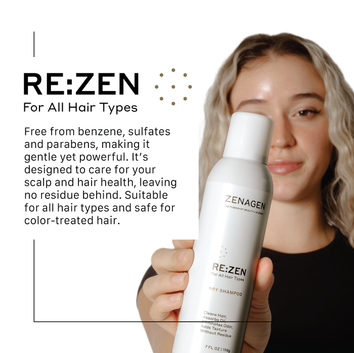 Model holding Zenagen RE:ZEN dry shampoo showcasing lightweight, no-residue formula suitable for all hair types and color-treated hair