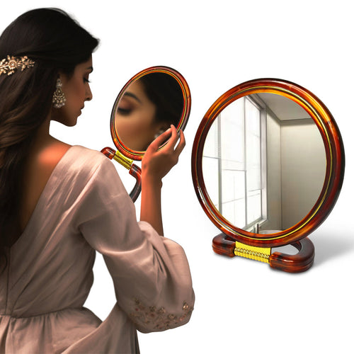 Sanas Round Brown Table Mirror for Makeup and Grooming