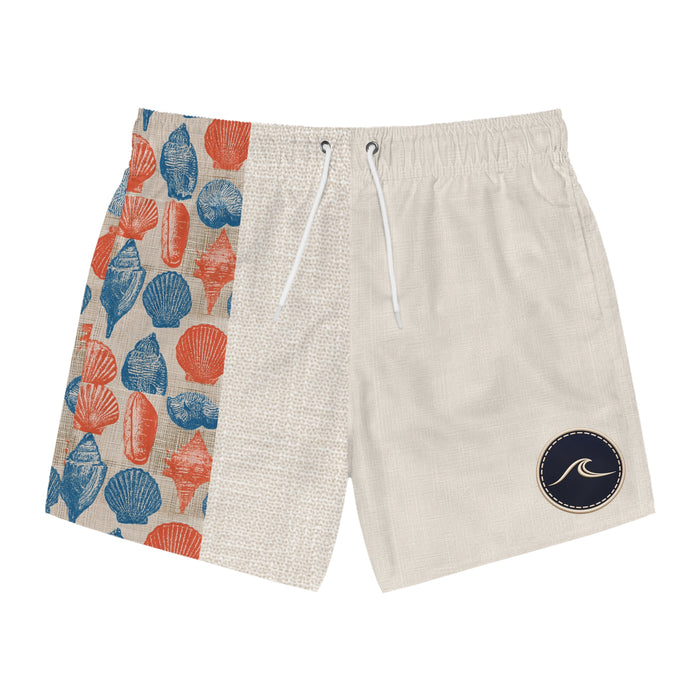 Sanibel Island Inspired Beach Shell Print Swim Trunks – Coral & Navy Split Design