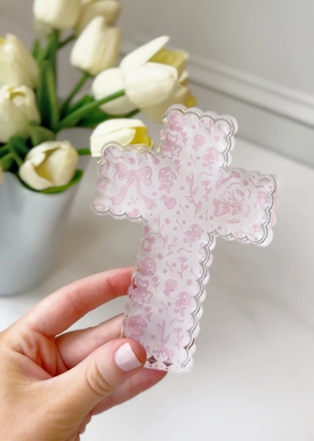 Scalloped Acrylic Cross-Pink Chinoiserie