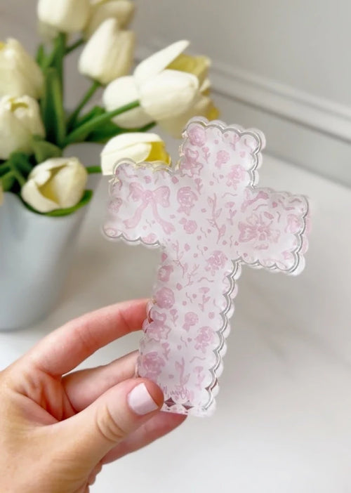 Scalloped Acrylic Cross-Pink Chinoiserie