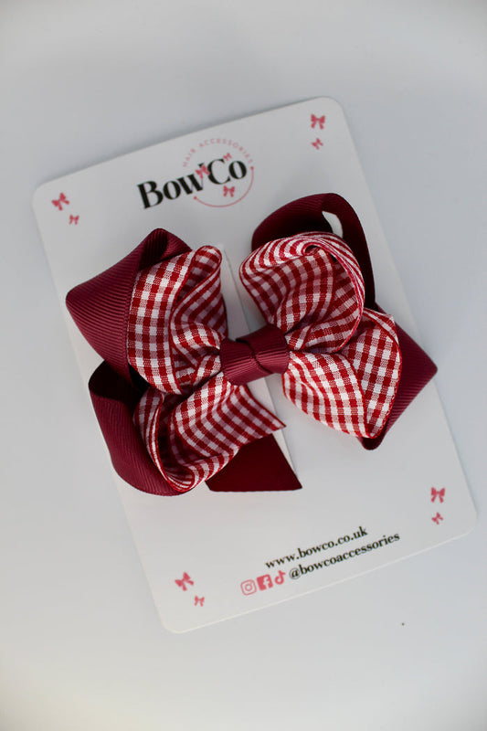 School Bow Burgundy Gingham Double Loop Bow - Clip