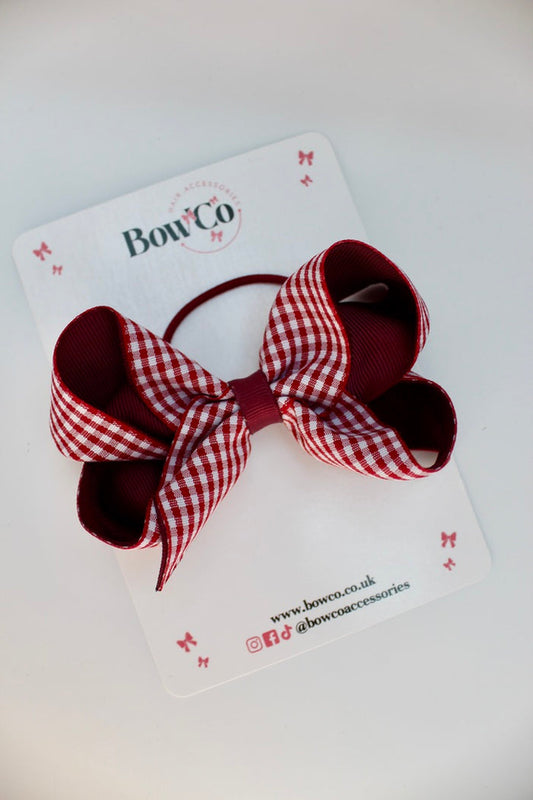 School Bow Burgundy Gingham Loop Bow - Elastic