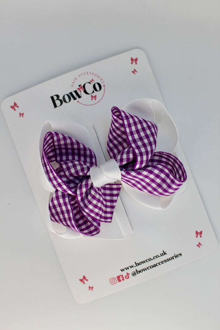 School Bow Purple and White Gingham Double Loop Bow - Clip