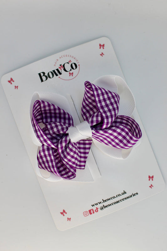 School Bow Purple and White Gingham Double Loop Bow - Clip