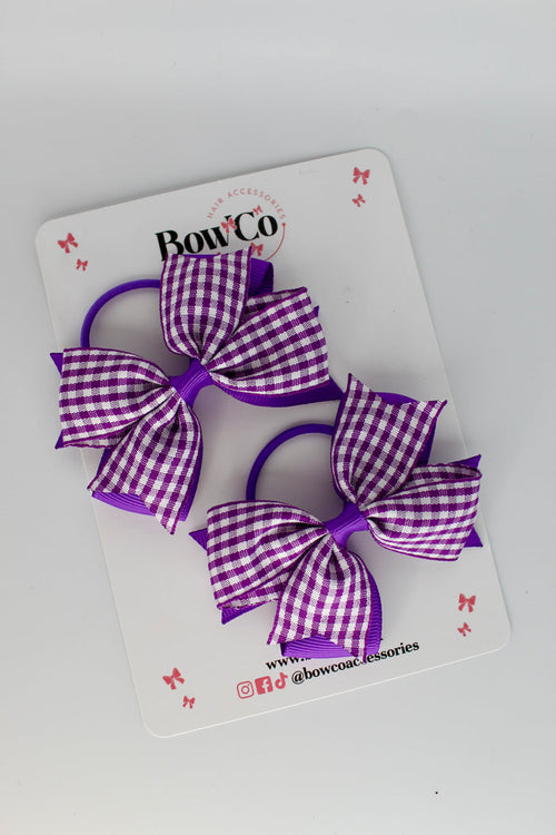 School Bow Purple Gingham Layer Tail Bow Set - Elastic