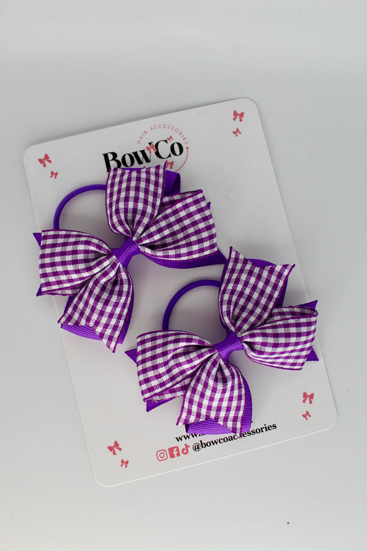 School Bow Purple Gingham Layer Tail Bow Set - Elastic