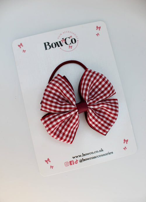 School Burgundy Bow Gingham - Double Layer Bow - Elastic
