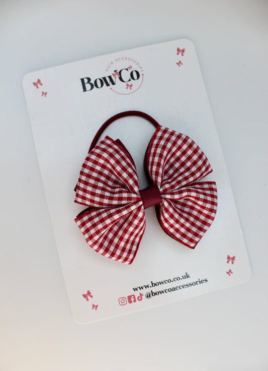 School Burgundy Bow Gingham - Double Layer Bow - Elastic