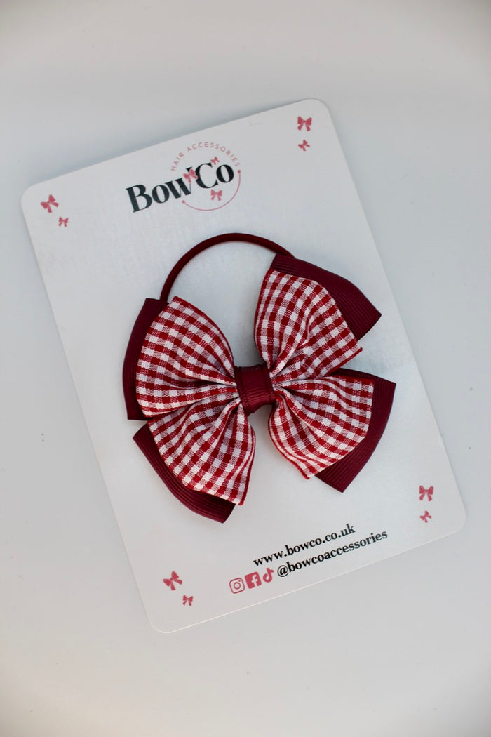 School Burgundy Bow Gingham - Layer Edge Bow - Elastic