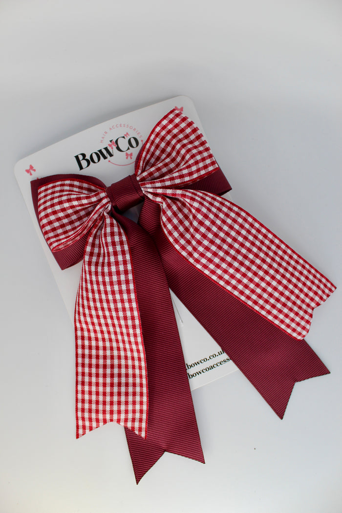 School Burgundy Gingham Classic Tail Bow - Clip