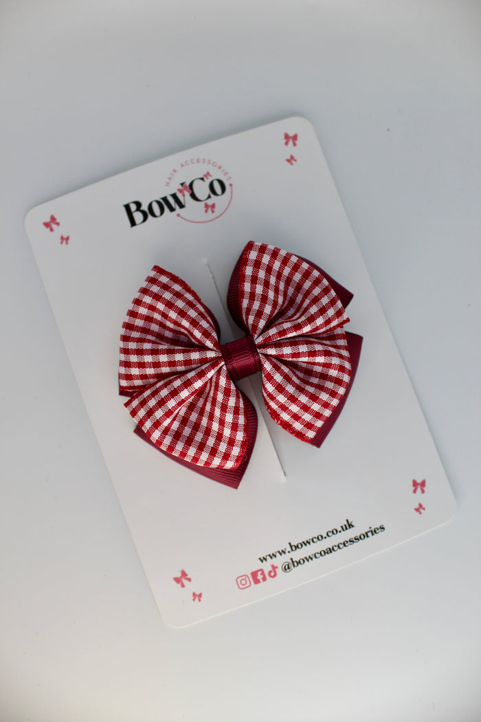 School Burgundy Gingham Layer Edge Bow - Clip