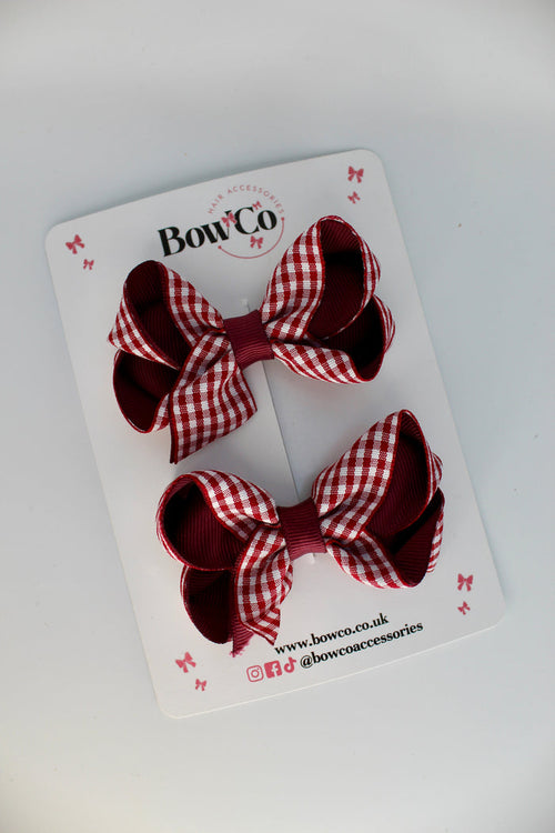 School Burgundy Gingham Loop Bow Set - Clip