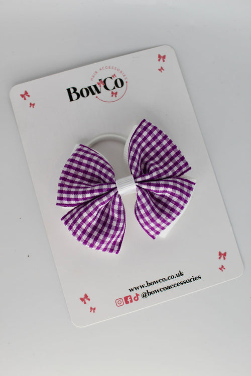 School Purple and White Bow Gingham - Double Layer Bow - Elastic