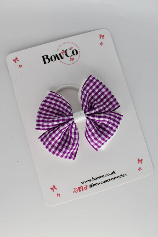 School Purple and White Bow Gingham - Double Layer Bow - Elastic
