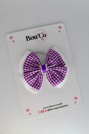 School Purple and White Bow Gingham - Layer Edge Bow - Elastic