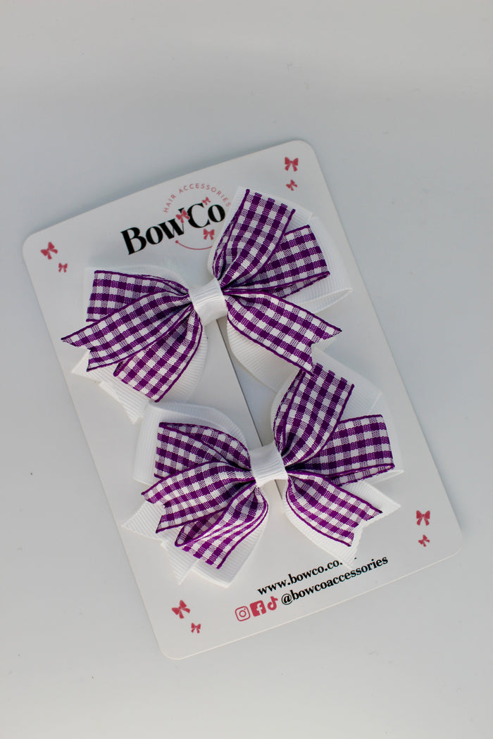 School Purple and White Bow Gingham Double Tail Bow Set - Clip
