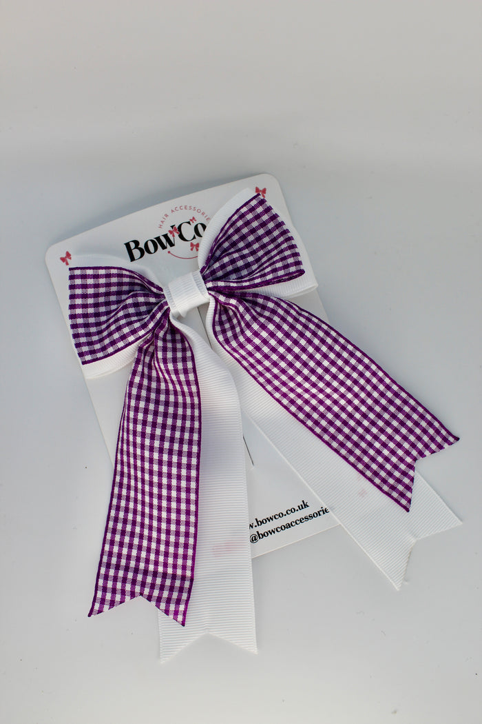School Purple and White Gingham Classic Tail Bow - Clip