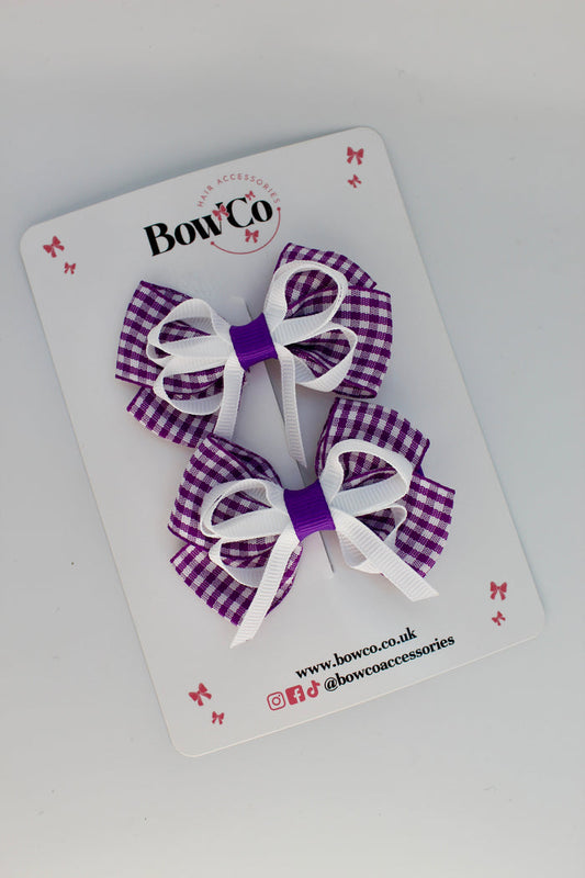 School Purple and White Gingham Double Bow Set - Clip