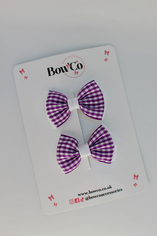 School Purple and White Gingham Double Lapel Bow Set - Clip