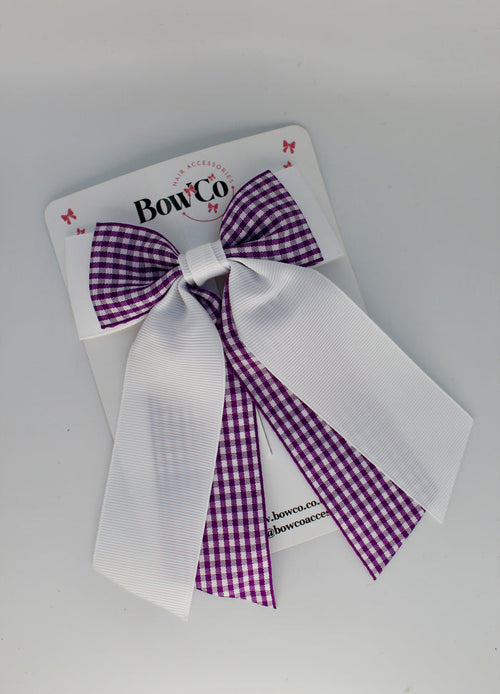 School Purple and White Gingham Double Layer Tail Bow - Clip