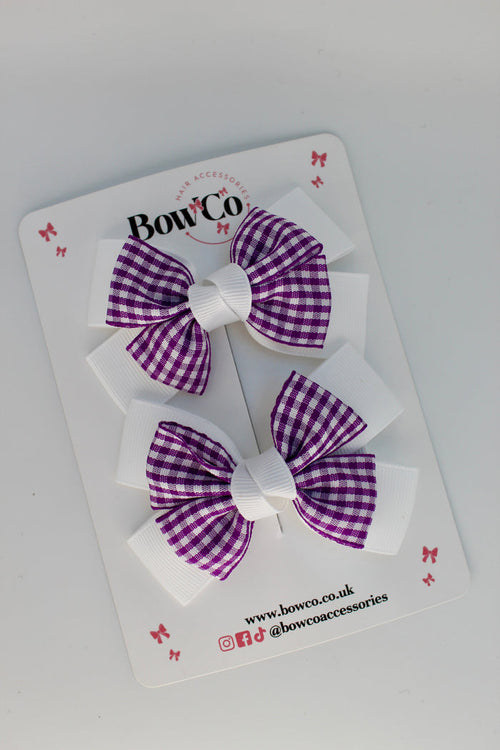 School Purple and White Gingham Layer Bow Set - Clip