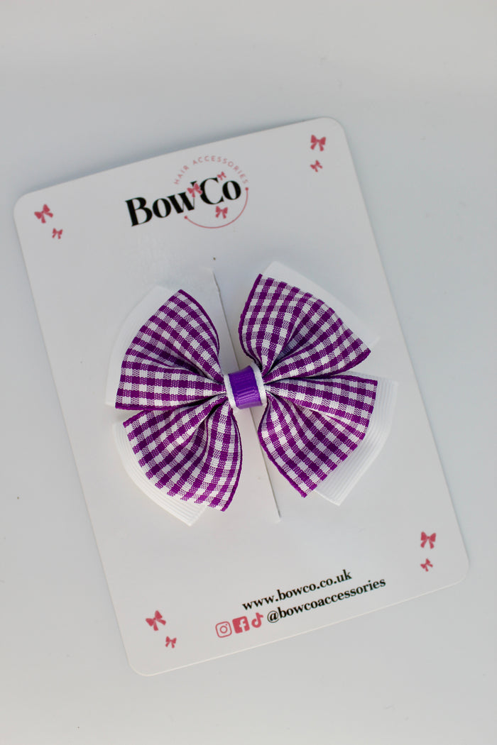 School Purple and White Gingham Layer Edge Bow - Clip