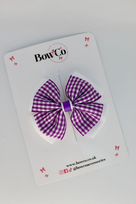 School Purple and White Gingham Layer Edge Bow - Clip