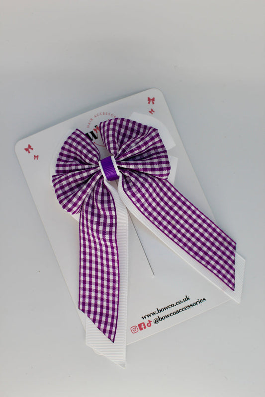 School Purple and White Gingham Layer Edge Tail Bow - Clip