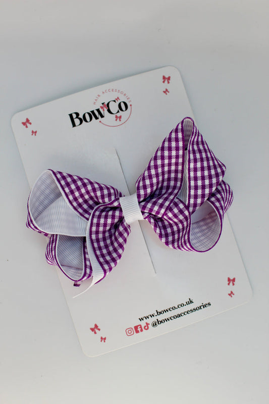 School Purple and White Gingham Loop Bow - Clip