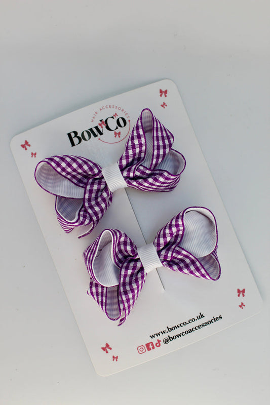 School Purple and White Gingham Loop Bow Set - Clip