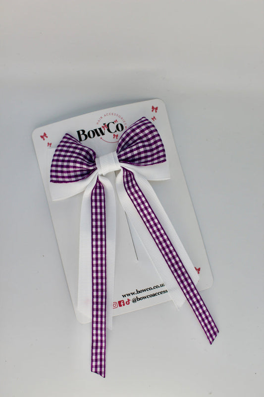 School Purple and White Gingham Streamer Tail Bow - Clip