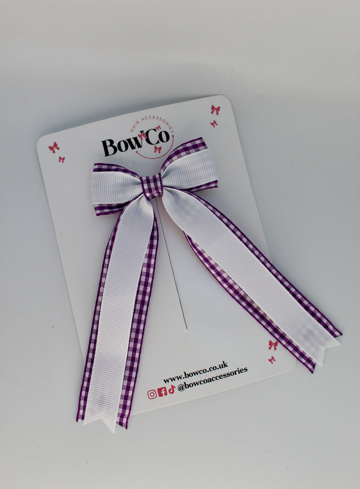 School Purple and White Gingham Tuxedo Tail Bow - Clip