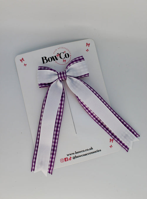 School Purple and White Gingham Tuxedo Tail Bow - Clip