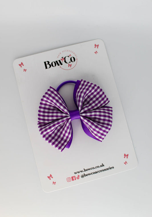 School Purple Bow Gingham - Double Layer Bow - Elastic