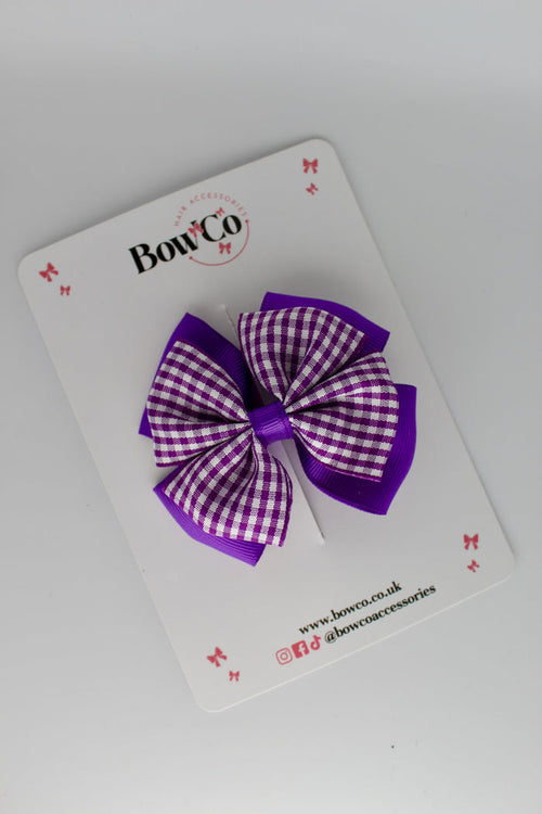 School Purple Gingham Layer Edge Bow - Clip