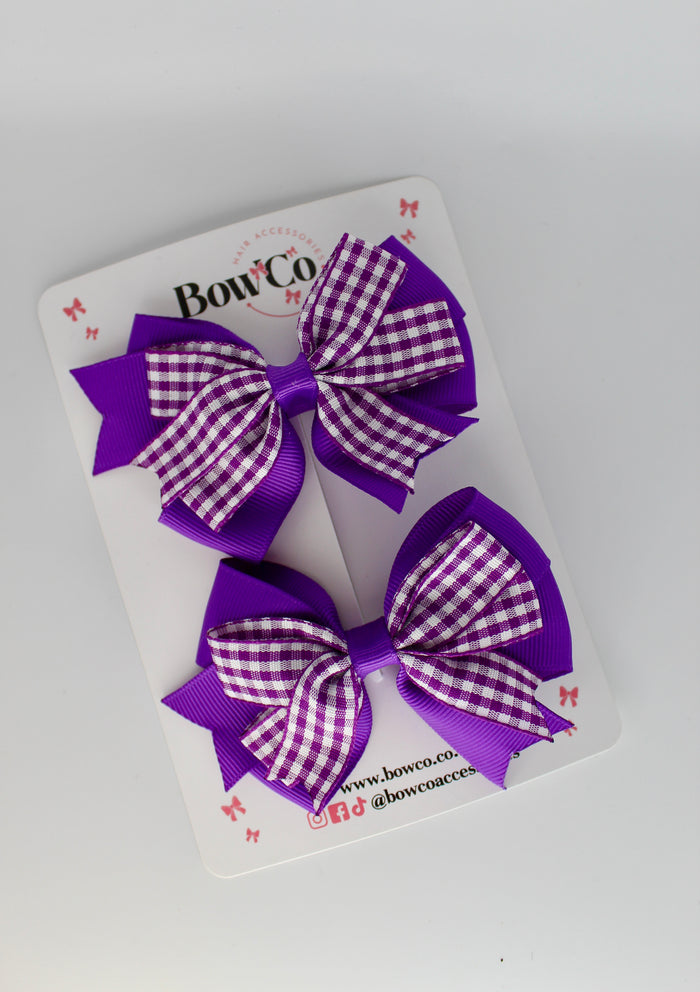 School Purple Bow Gingham Double Tail Bow Set - Clip