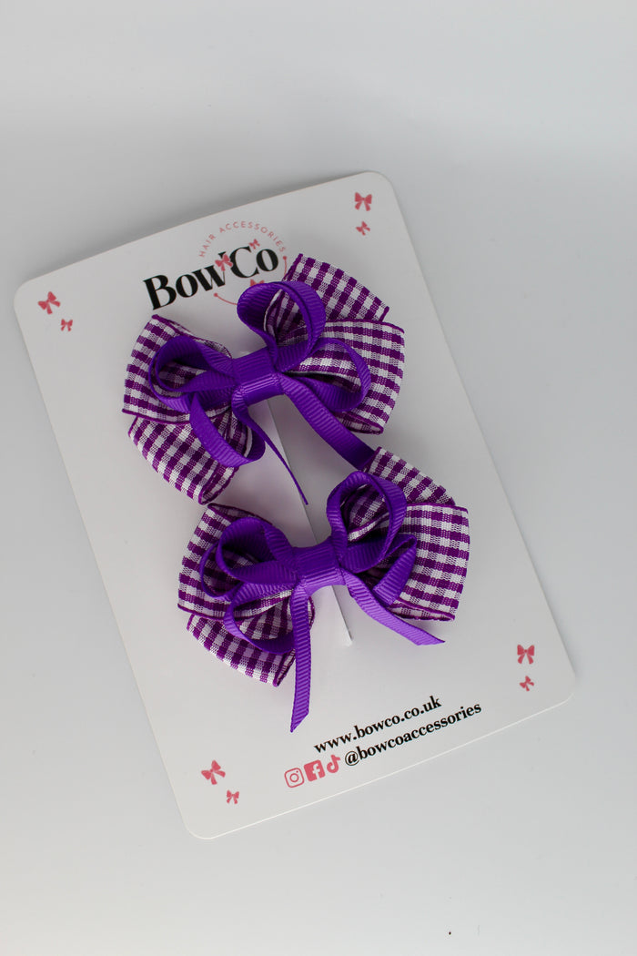 School Purple Gingham Double Bow Set - Clip