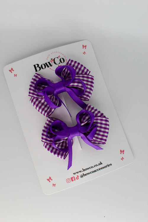 School Purple Gingham Double Bow Set - Clip