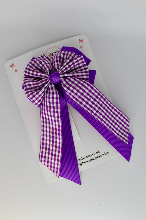 School Purple Gingham Layer Edge Tail Bow - Clip