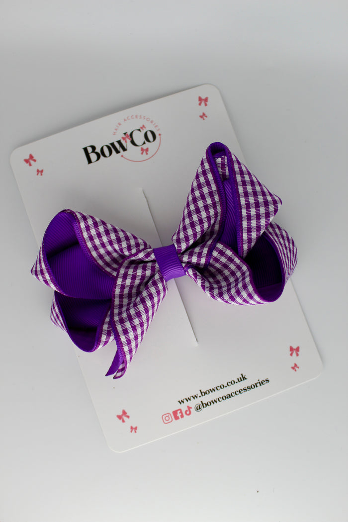 School Purple Gingham Loop Bow - Clip