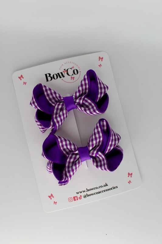 School Purple Gingham Loop Bow Set - Clip