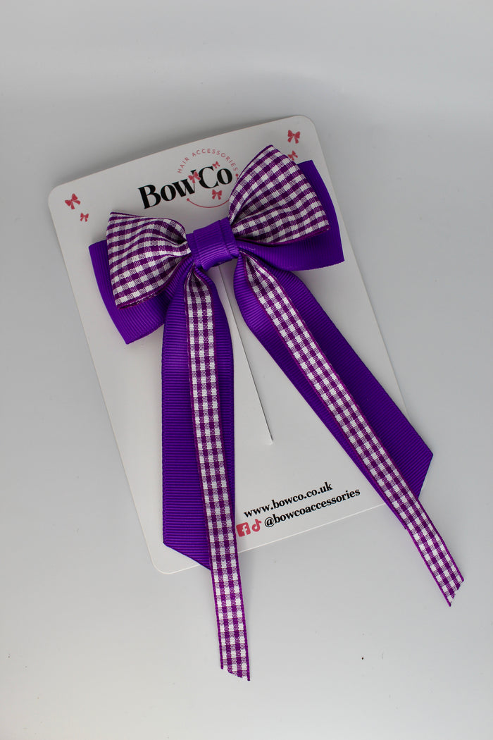 School Purple Gingham Streamer Tail Bow - Clip