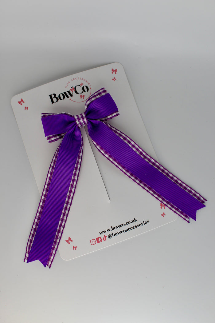 School Purple Gingham Tuxedo Tail Bow - Clip