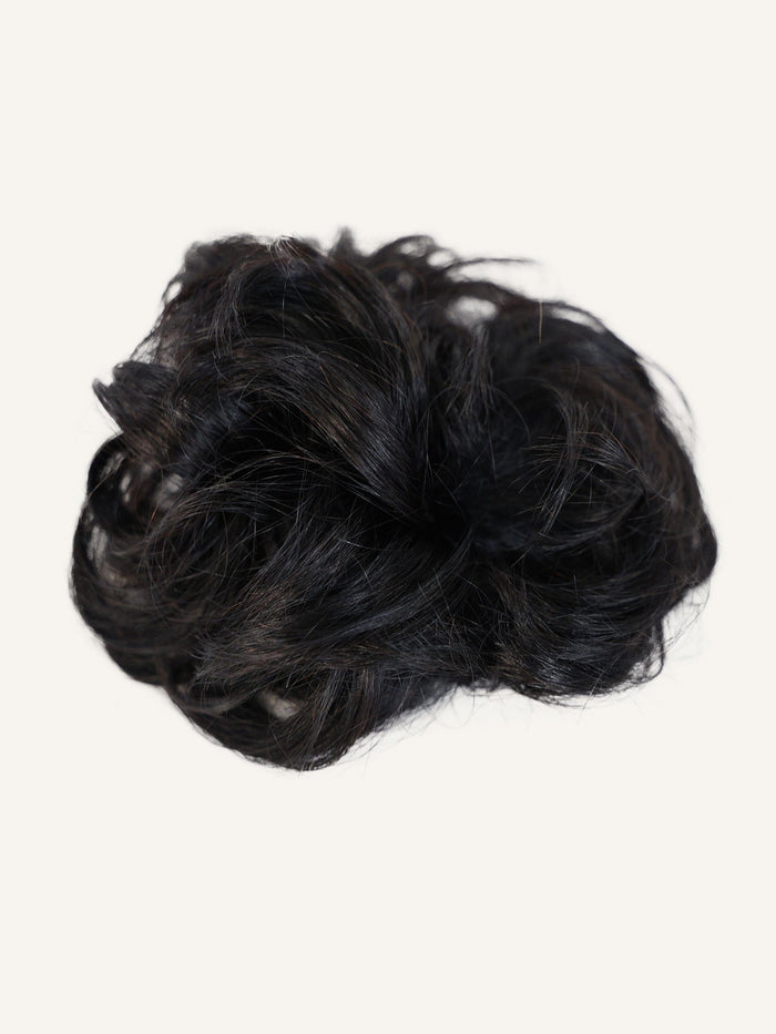 A loose bun-shaped Scrunchie Hair Extension by Perfect Locks in Warm Chestnut Brown , with synthetic Remy-like hair on a white background.#color_natural-black-(1B)