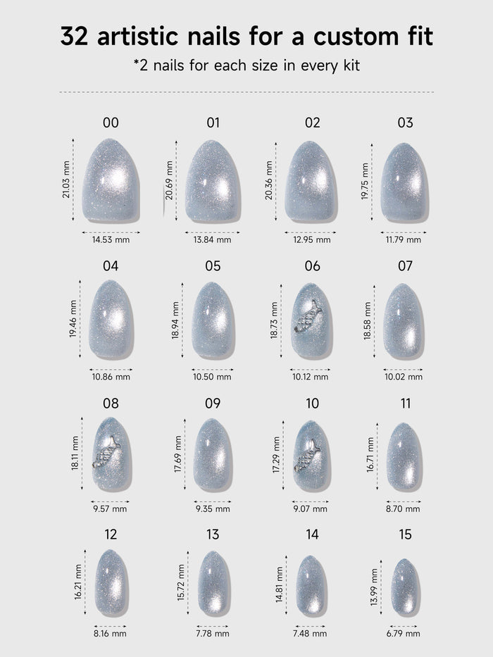 Chart displaying 32 artistic nail sizes with measurements for a custom fit.