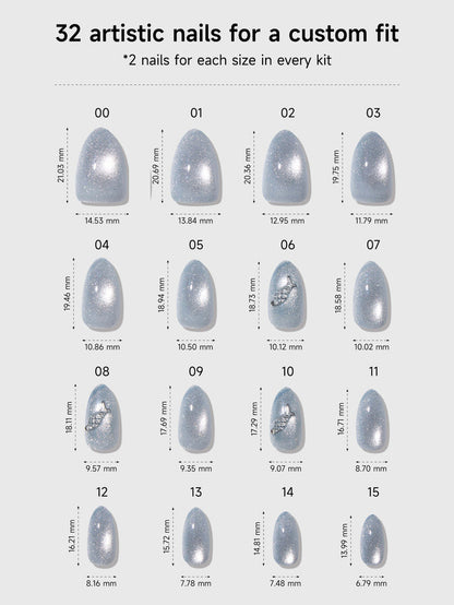 Chart displaying 32 artistic nail sizes with measurements for a custom fit.