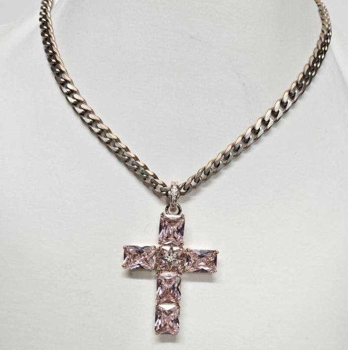 Serah Silver & Rose Gold-Plated Cross Necklace with Pink Austrian Crystals