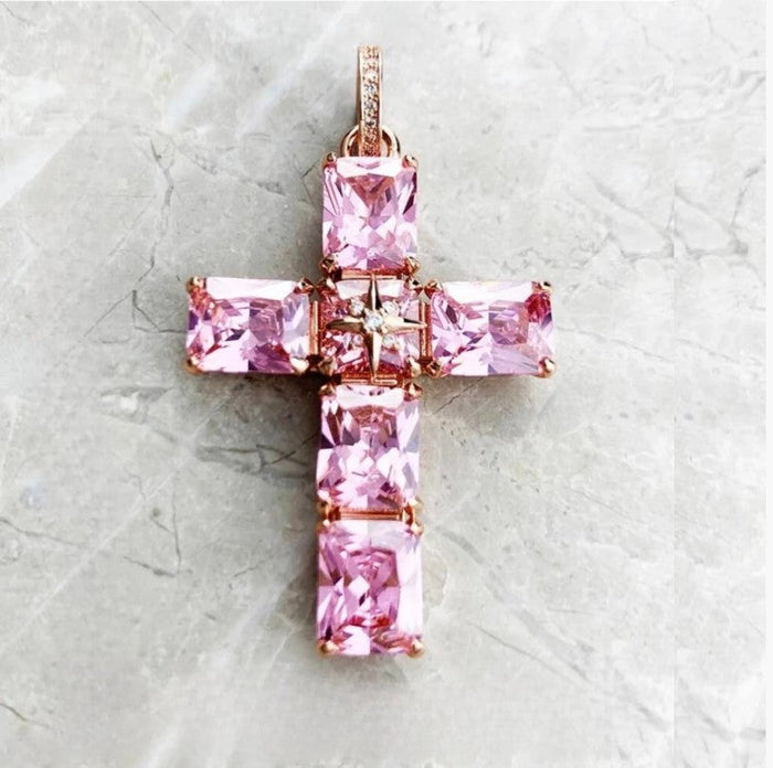 Serah Silver & Rose Gold-Plated Cross Necklace with Pink Austrian Crystals